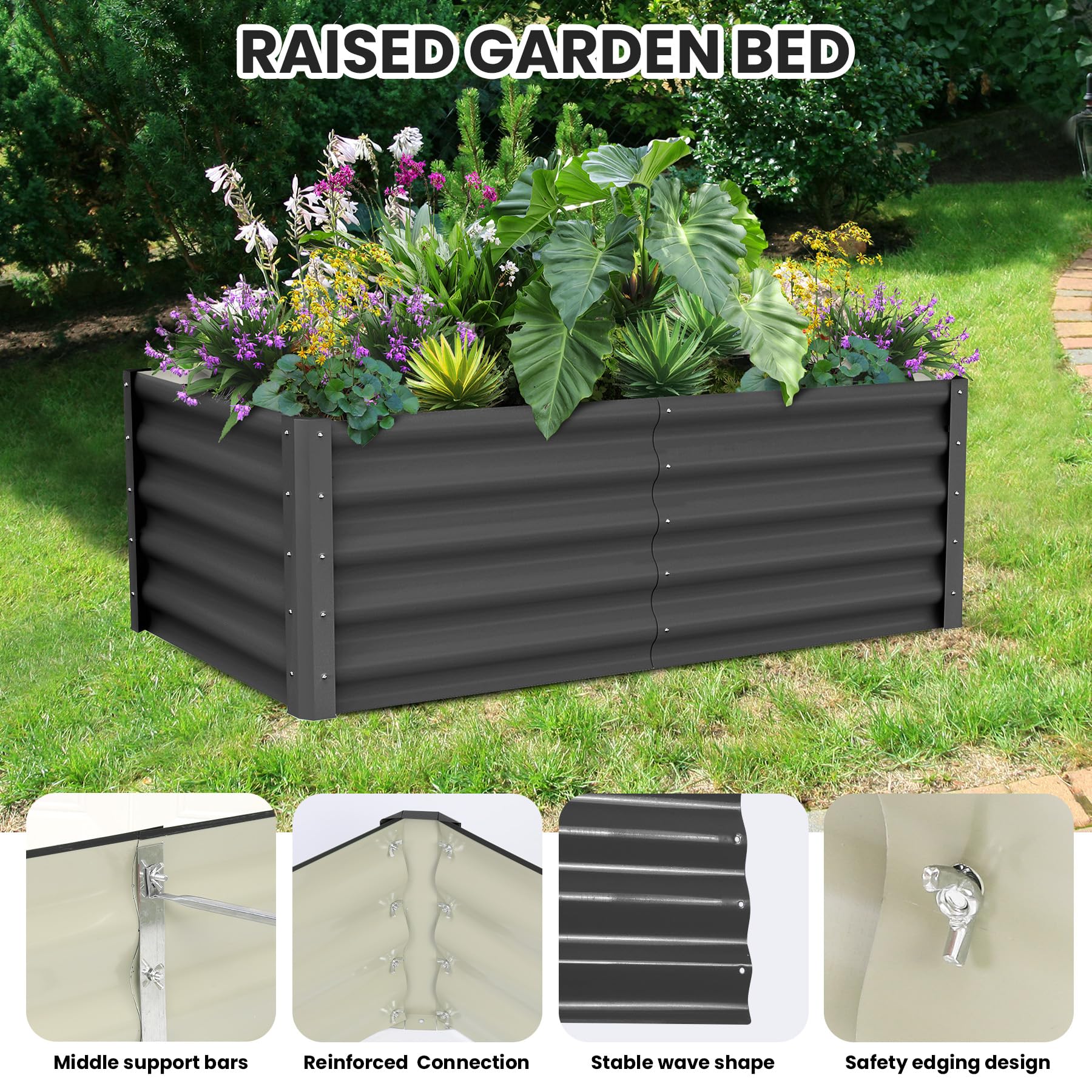 Jardinière surélevée galvanisée Garvee 182 x 91 x 46 cm (6 x 3 x 1,5 pi) - Construction robuste en acier - Protection antirouille - Fond ouvert - Coins de sécurité