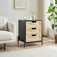 Table de chevet Garvee en rotin avec 3 tiroirs en osier naturel, style moderne, structure en bois robuste, noir, pour chambre et salon