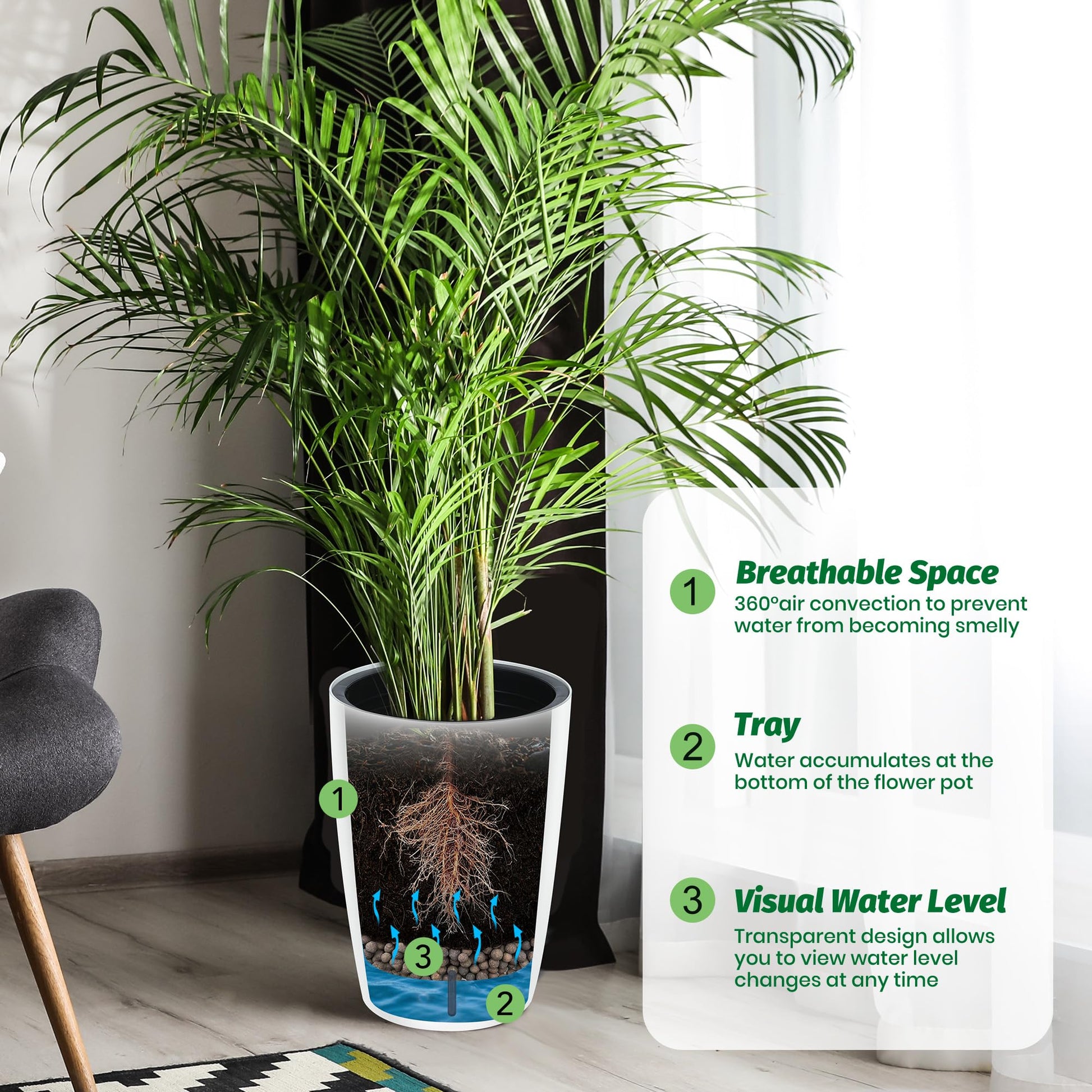 Garvee Lot de 2 jardinières à arrosage automatique de 40 cm (16 po) de haut, blanches, pour intérieur et terrasse