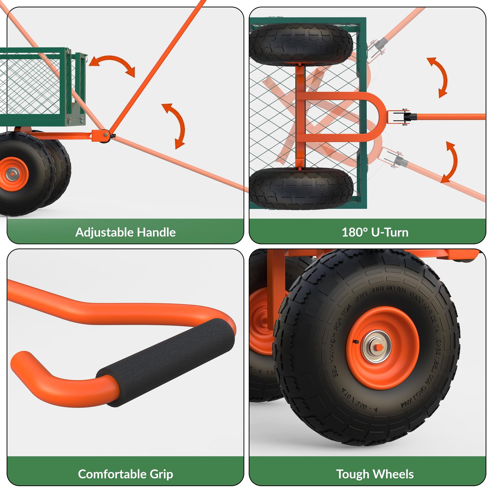Garvee Chariot de jardin en acier robuste, charge 227 kg, ridelles amovibles, pneus tout-terrain de 25 cm et poignée pivotante, vert et orange