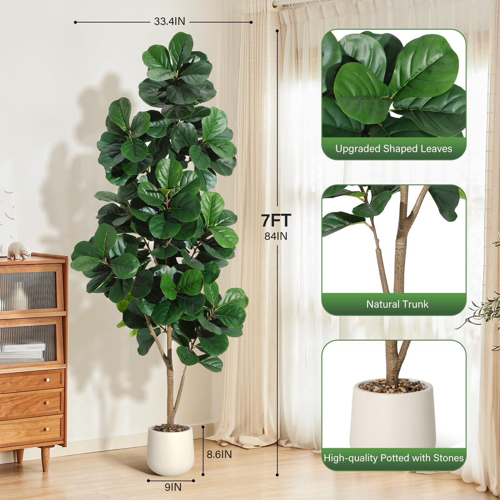 Ficus lyrata artificiel Garvee de 2,13 m (7 pi) avec 141 feuilles, pot blanc de 23 cm (9 po), décoration pour bureau et salon, feuilles en PVC et PE, design stable