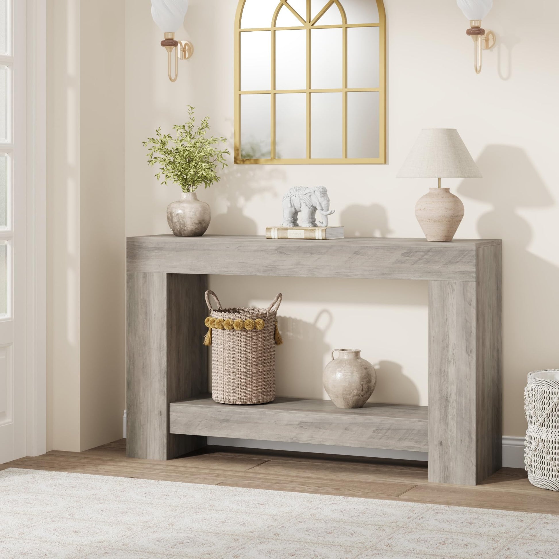 Garvee Console 119,4 cm pour couloir, 2 niveaux, bois robuste, style rustique, avec rangement, pour salon et entrée, marron