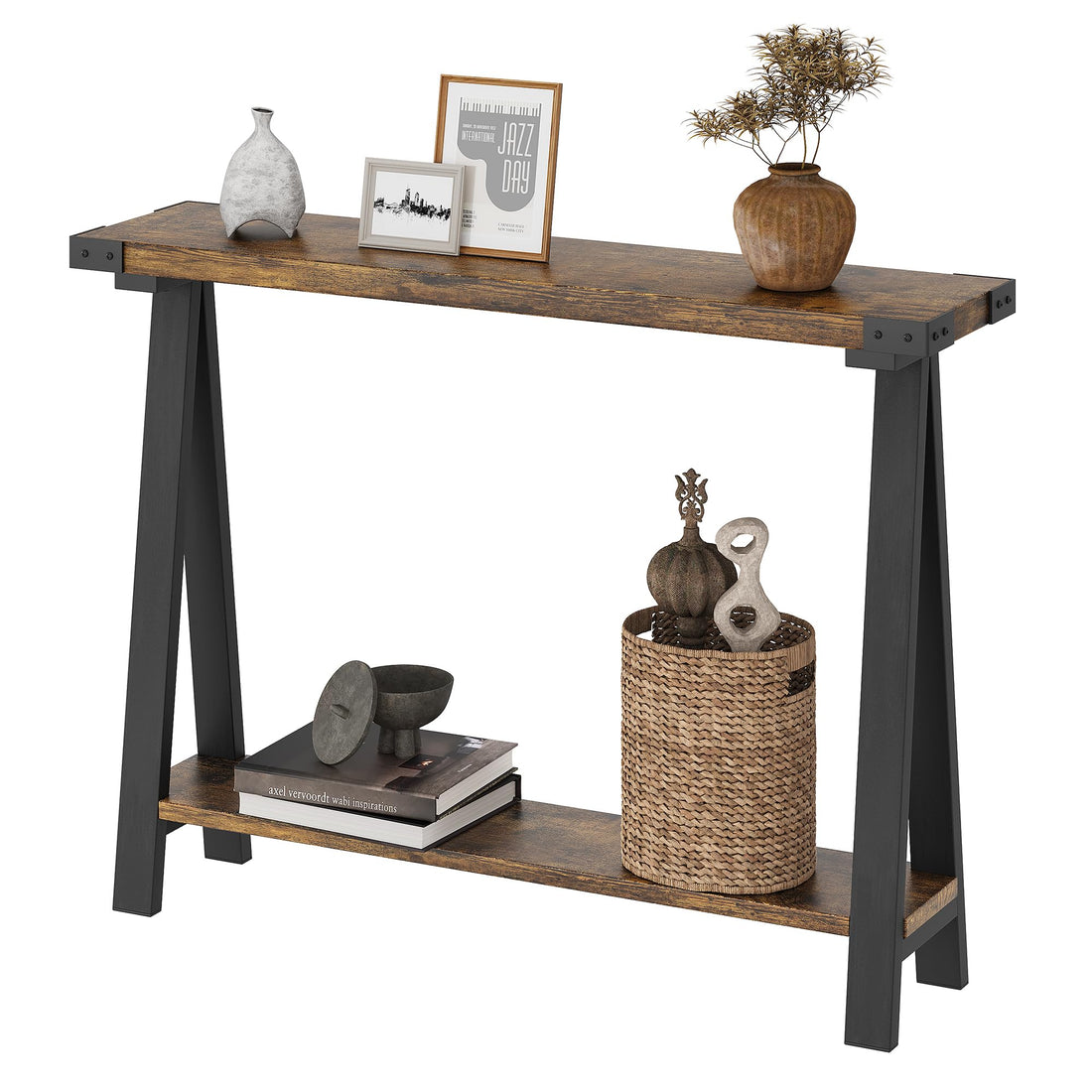 Console Garvee pour entrée, 2 niveaux avec rangement, pieds en forme de R, bois, 110 cm, salon et bureau, étroite, polyvalente
