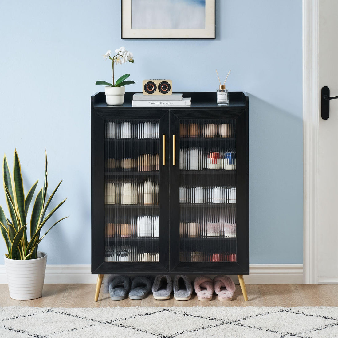 Meuble à chaussures Garvee avec portes vitrées, 5 niveaux, grande capacité, étagères réglables, matériau MDF, design moderne, pour entrée et salon