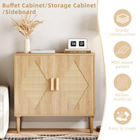 Buffet Garvee avec rangement, décor en rotin, 2 portes, meuble de rangement en bois naturel, salon, salle à manger, naturel