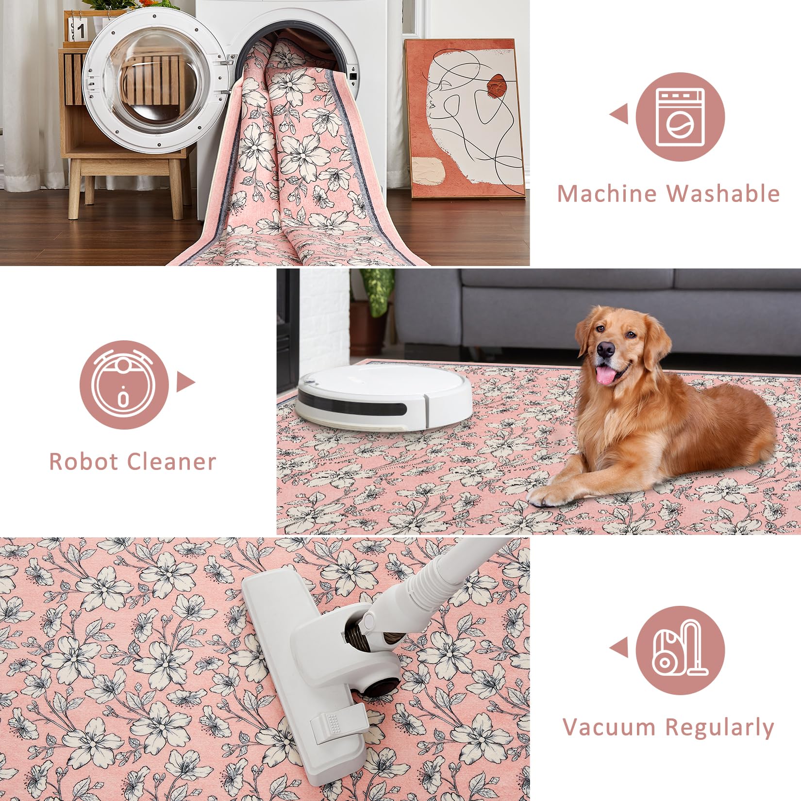 Tapis de salon lavable Garvee, motif floral vintage, poils courts, antidérapant, doux, grand format 160 x 230 cm, rose