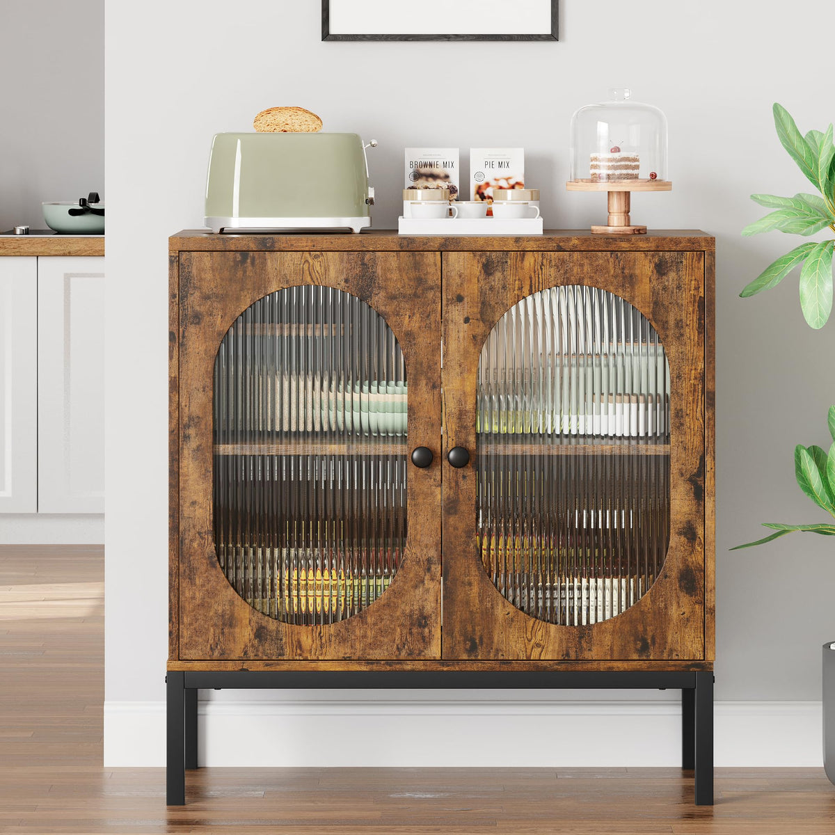 Garvee buffet avec façade en verre et étagère réglable, 80 cm, pour salon et cuisine, brun rustique