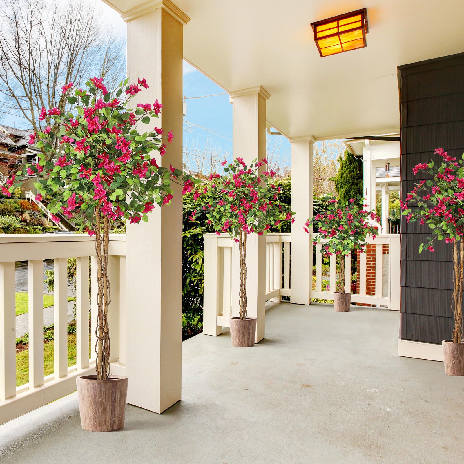Bougainvillier artificiel Garvee de 1,8 m avec tronc en bois, fleurs roses, résistant aux intempéries pour une utilisation intérieure et extérieure, pot en ciment inclus, facile d'entretien.
