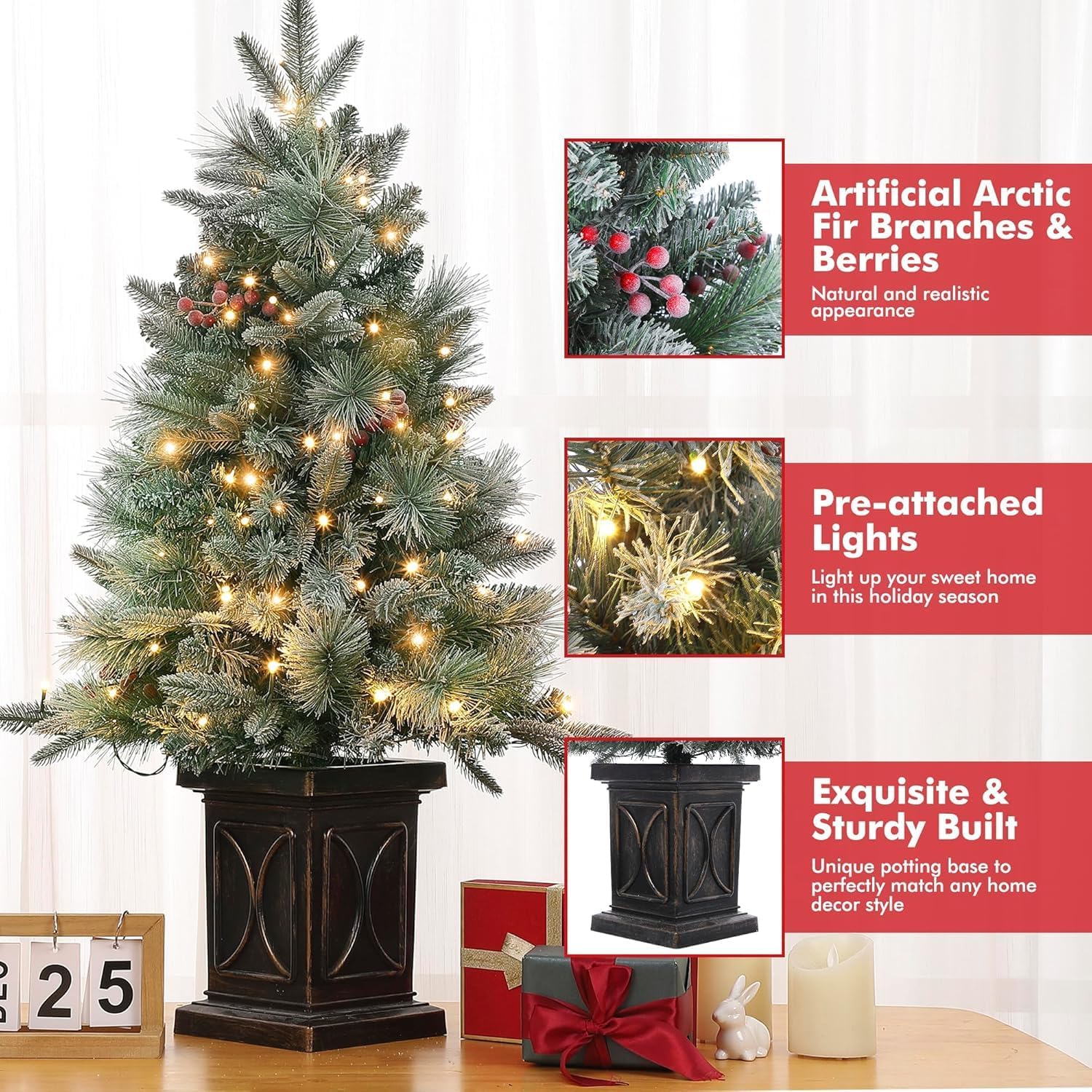 Sapin de Noël artificiel Garvee, 1 pièce – 90 cm, 78 LED (blanc chaud), 8 modes d'éclairage, base semi-circulaire, fibre optique, effet givré