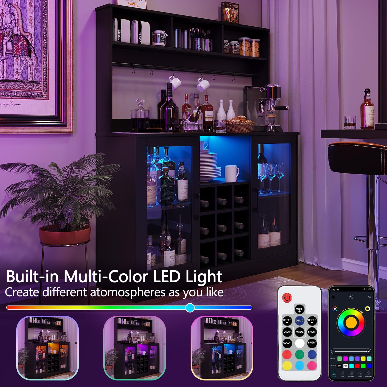 Meuble bar à vin Garvee avec éclairage LED et prise, 9 casiers à bouteilles et 6 crochets, en bois aggloméré, pour cuisine et salon, étagère réglable, design moderne
