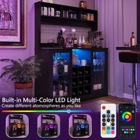 Meuble bar à vin Garvee avec éclairage LED et prise, 9 casiers à bouteilles et 6 crochets, en bois aggloméré, pour cuisine et salon, étagère réglable, design moderne