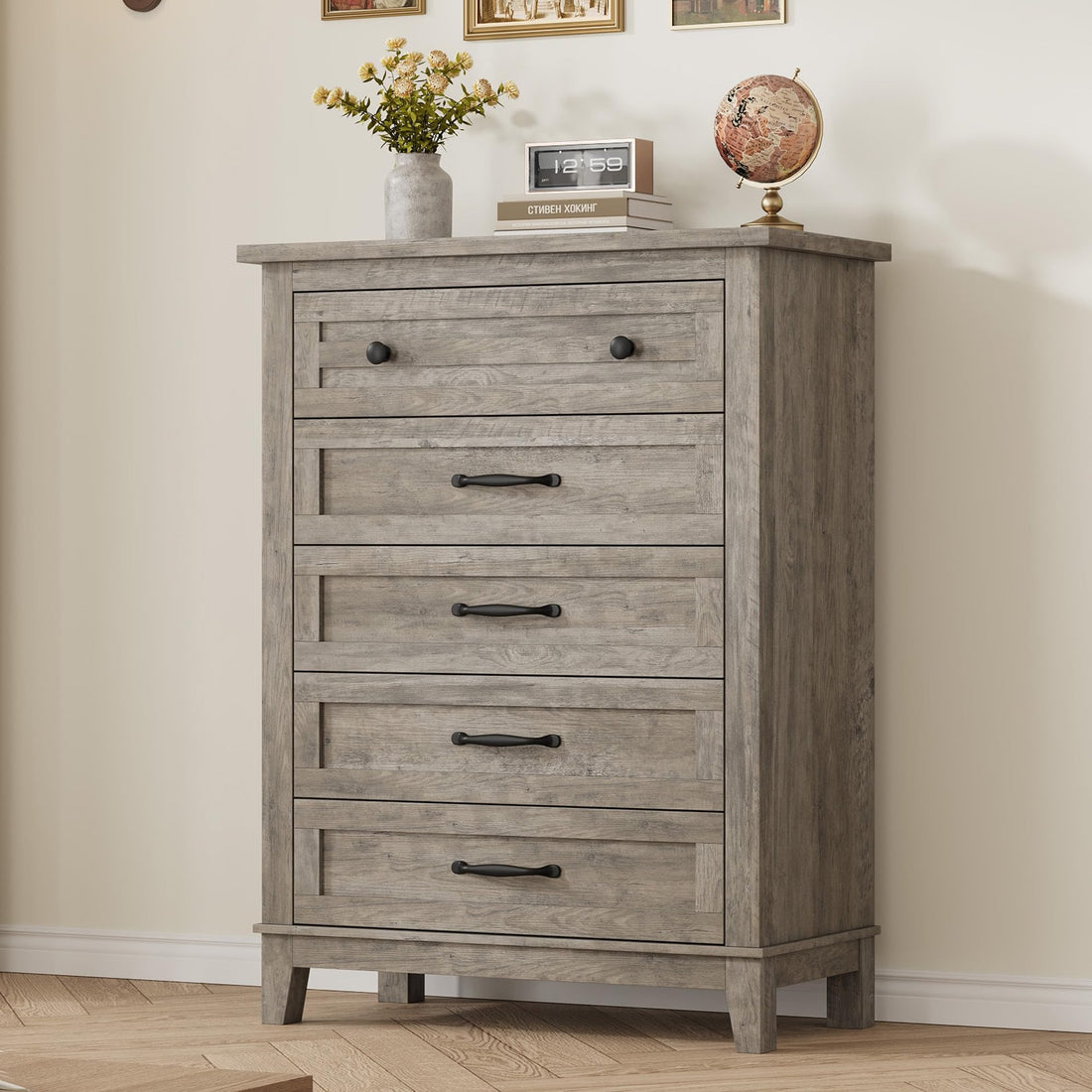 Garvee Commode à 5 tiroirs avec grand espace de rangement, en bois MDF, imperméable, pour la chambre et le salon, dimensions : 80 x 40 x 105 cm