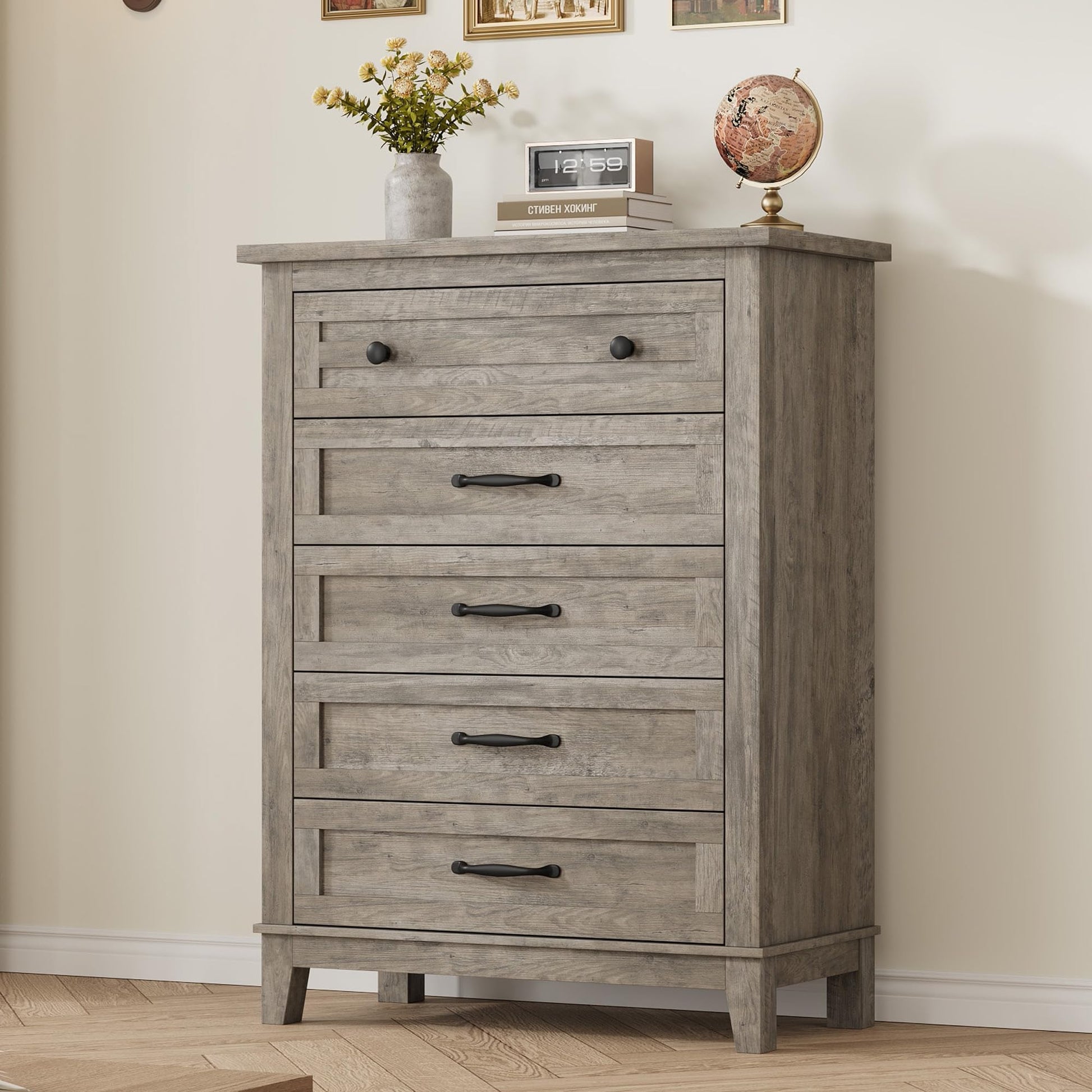 Commode Garvee à 5 tiroirs avec grand espace de rangement, en bois MDF, imperméable, idéale pour la chambre et le salon, dimensions : 80 x 40 x 105 cm, couleur naturelle.