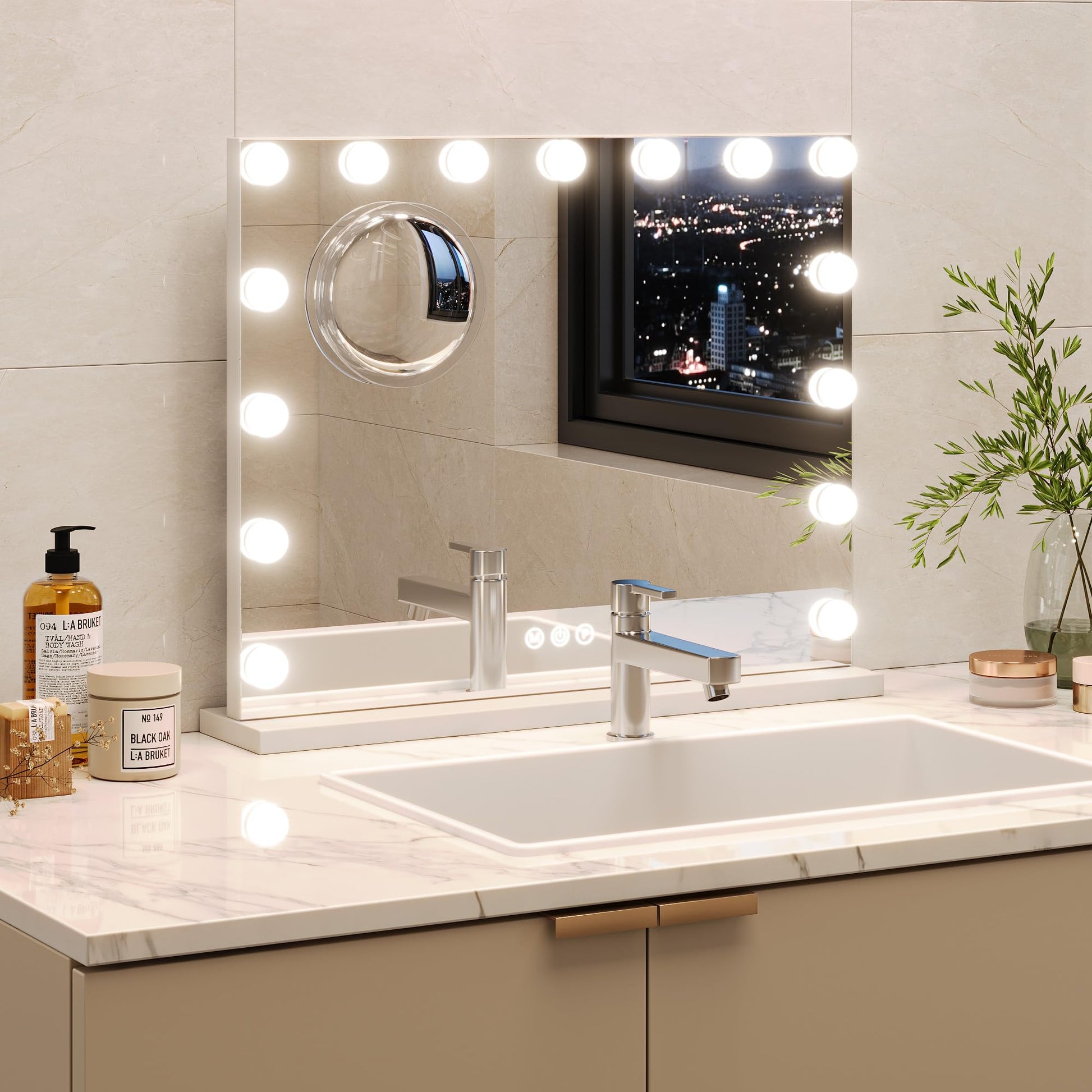 Miroir de maquillage GARVEE Hollywood 58 x 46 cm avec 15 LED tactiles, blanc