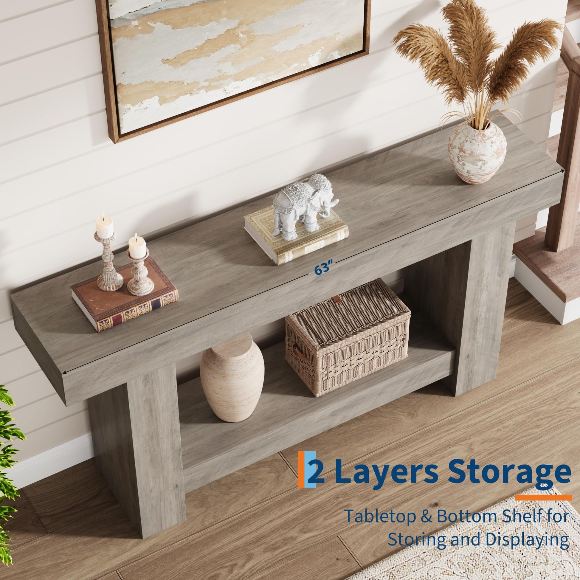 Garvee Table Console 160 cm en Bois Massif avec 2 Étagères, Style Maison de Campagne, pour Salon et Entrée, Gris