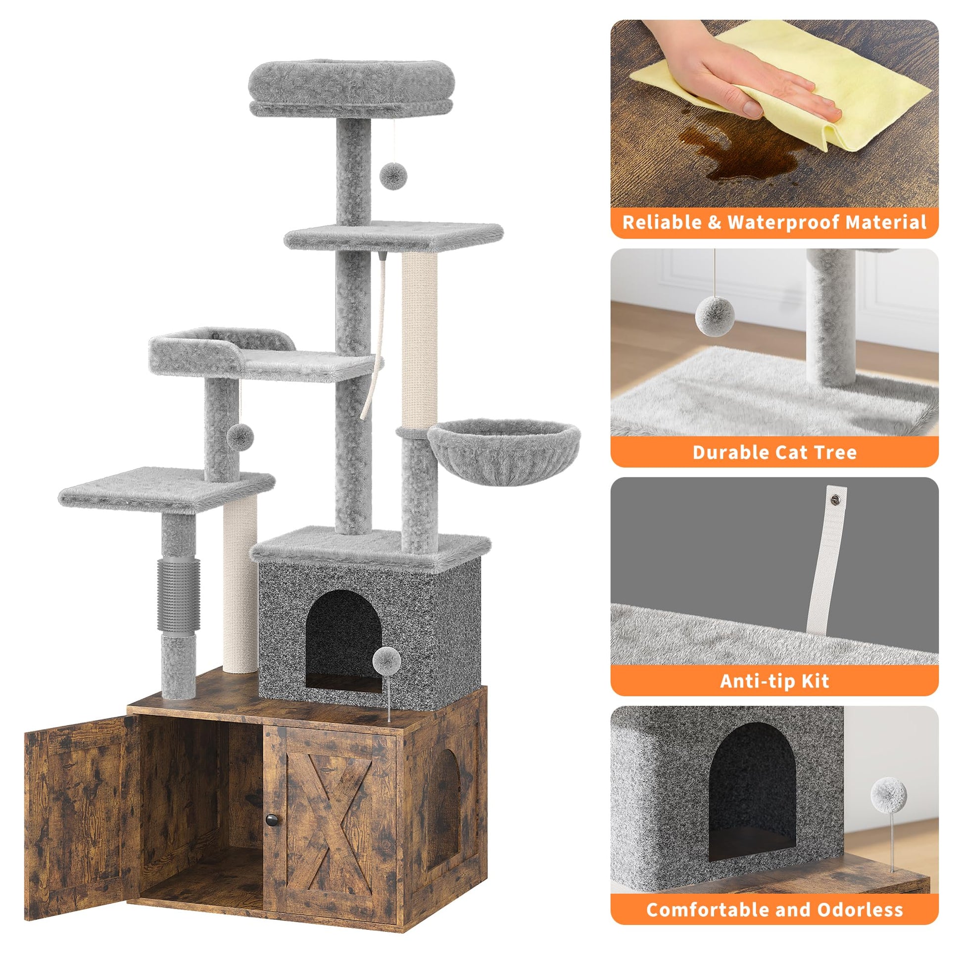 Meuble pour chat Garvee 2-en-1 avec arbre à chat et cachette pour litière, bois moderne, brun rustique, usage intérieur, gain de place, confortable