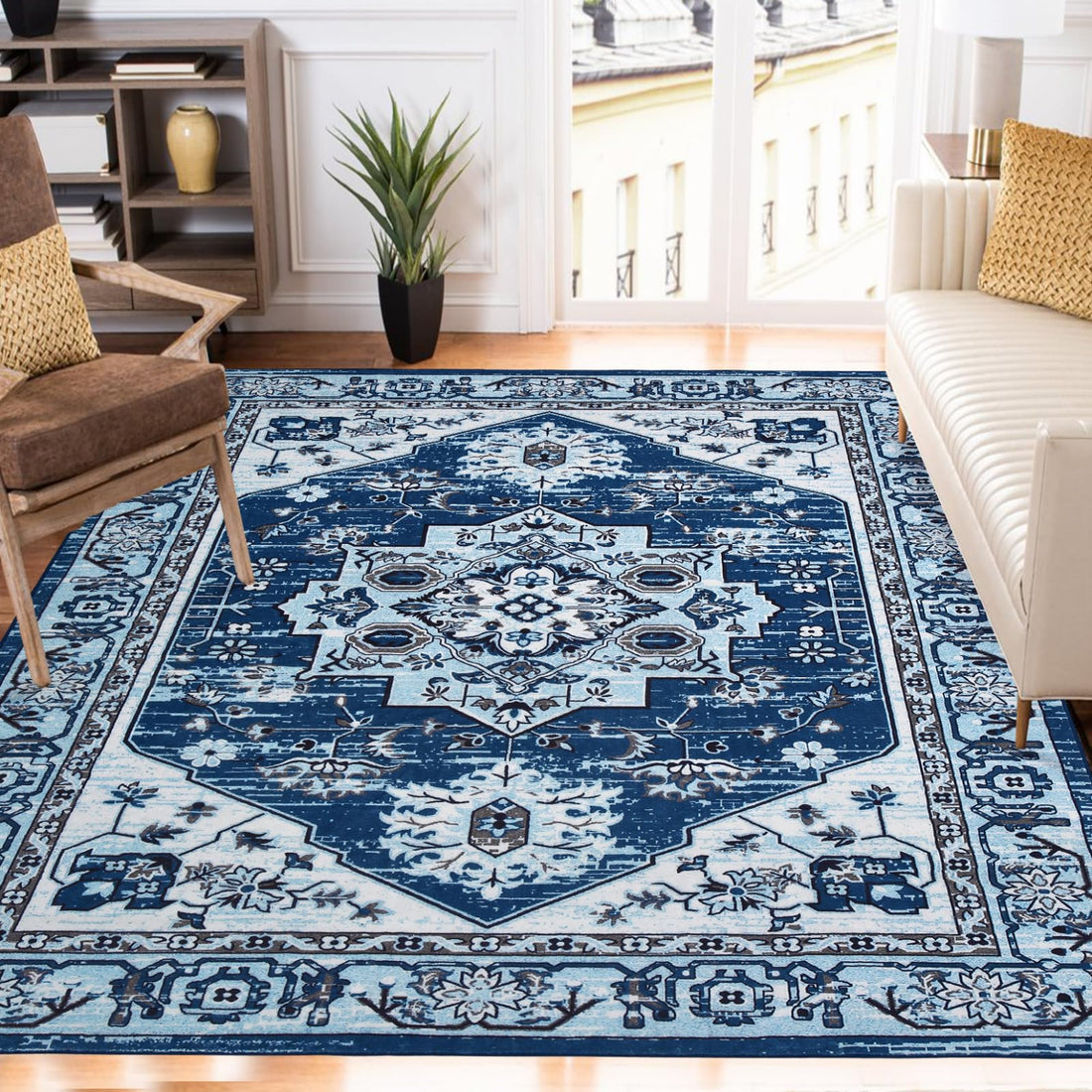 Tapis moderne à poils courts Garvee, antidérapant et lavable, en polyester, motif floral, bleu marine, 120 x 170 cm, pour salon et bureau.