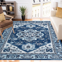 Tapis moderne à poils courts Garvee, antidérapant et lavable, en polyester, motif floral, bleu marine, 120 x 170 cm, pour salon et bureau.