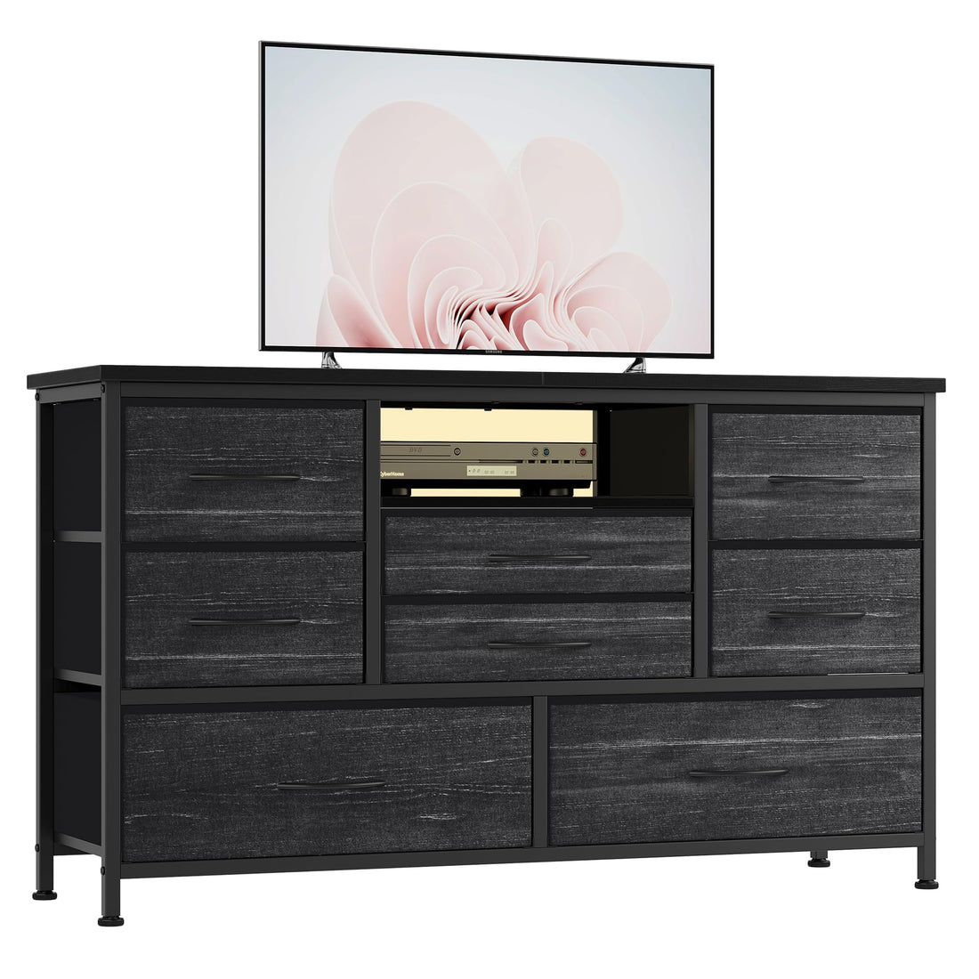Commode Garvee à 8 tiroirs, 3 prises électriques et 2 ports USB, meuble TV avec éclairage LED pour chambre, salon ou entrée, 120 cm, noir