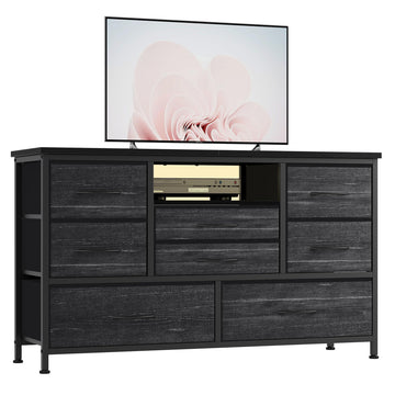 Garvee commode à 8 tiroirs, 3 prises électriques et 2 ports USB, meuble TV avec éclairage LED pour chambre, salon ou entrée, 120 cm, gris