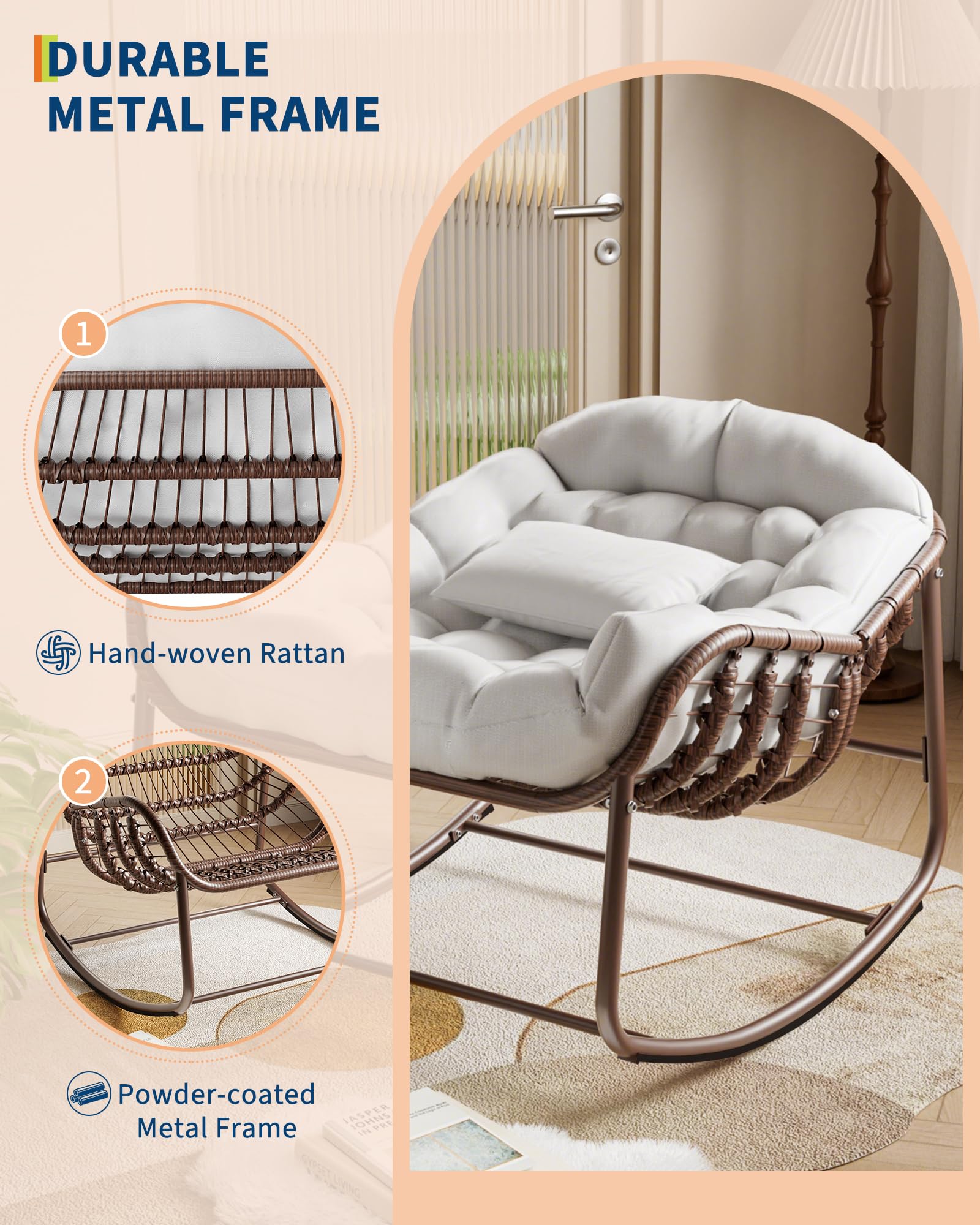 Garvee Fauteuil œuf à bascule intérieur extérieur, rotin effet naturel, format oversize, coussin rembourré en oléfine résistante, jardin et porche