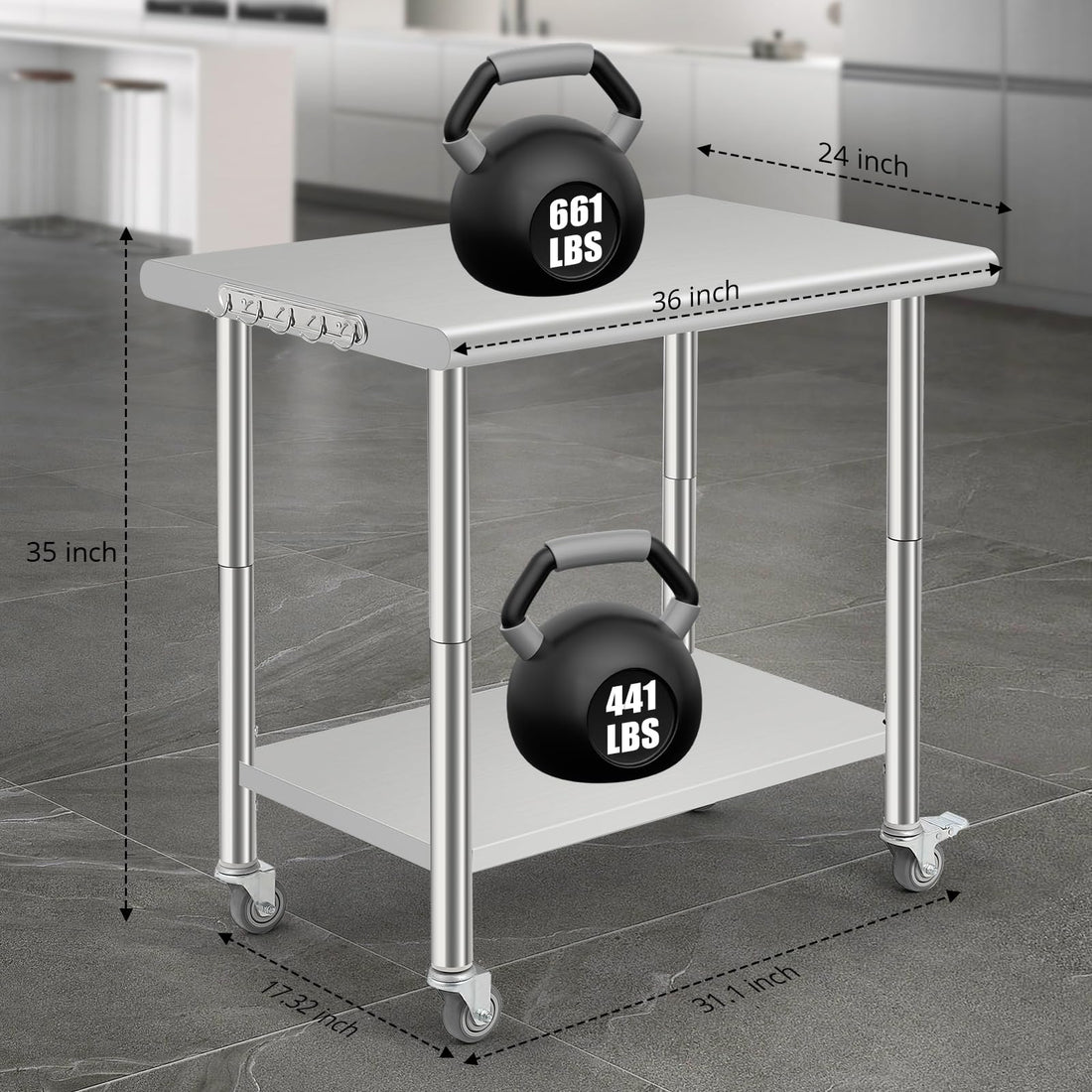 Garvee Table de travail en acier inoxydable 91 × 61 cm, plan professionnel avec roulettes pour cuisine et atelier