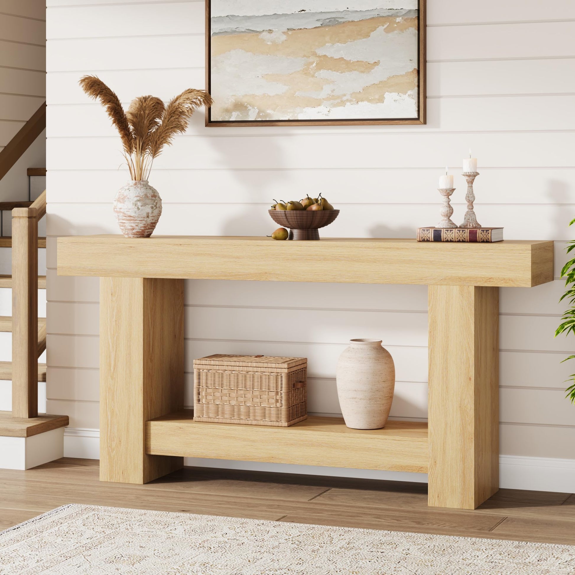 Garvee Table Console 160 cm en Bois Massif avec 2 Étagères, Style Maison de Campagne, pour Salon et Entrée, Bois naturel