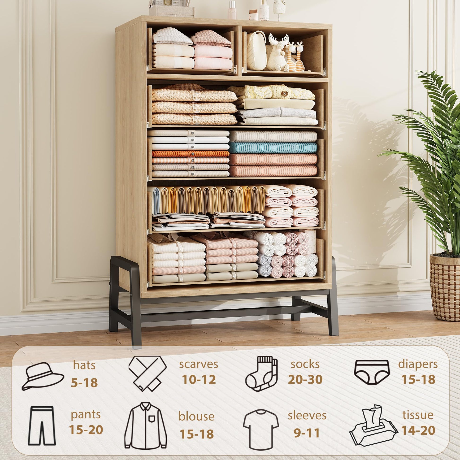 Commode Garvee en bois, autoportante, 5 tiroirs, armoire haute, poignées noires, idéale pour la chambre et le bureau. Robuste, polyvalente et au design moderne.