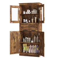 Meuble de salle de bain Garvee de 170 cm de haut avec 4 portes et tiroir en verre, idéal pour la salle de bain et la cuisine. Étagères réglables, couleur brun rustique, en MDF. Robuste et moderne.