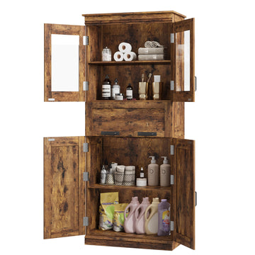 Meuble de salle de bain Garvee de 170 cm de haut avec 4 portes et tiroir en verre, idéal pour la salle de bain et la cuisine. Étagères réglables, couleur brun rustique, en MDF. Robuste et moderne.