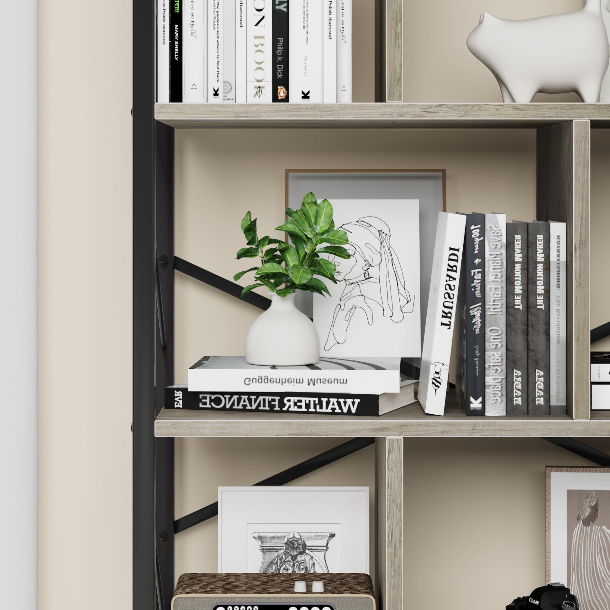 Garvee étagère industrielle haute à 5 niveaux avec rangement pour salon, bureau, chambre, en MDF et métal, robuste et anti-basculement