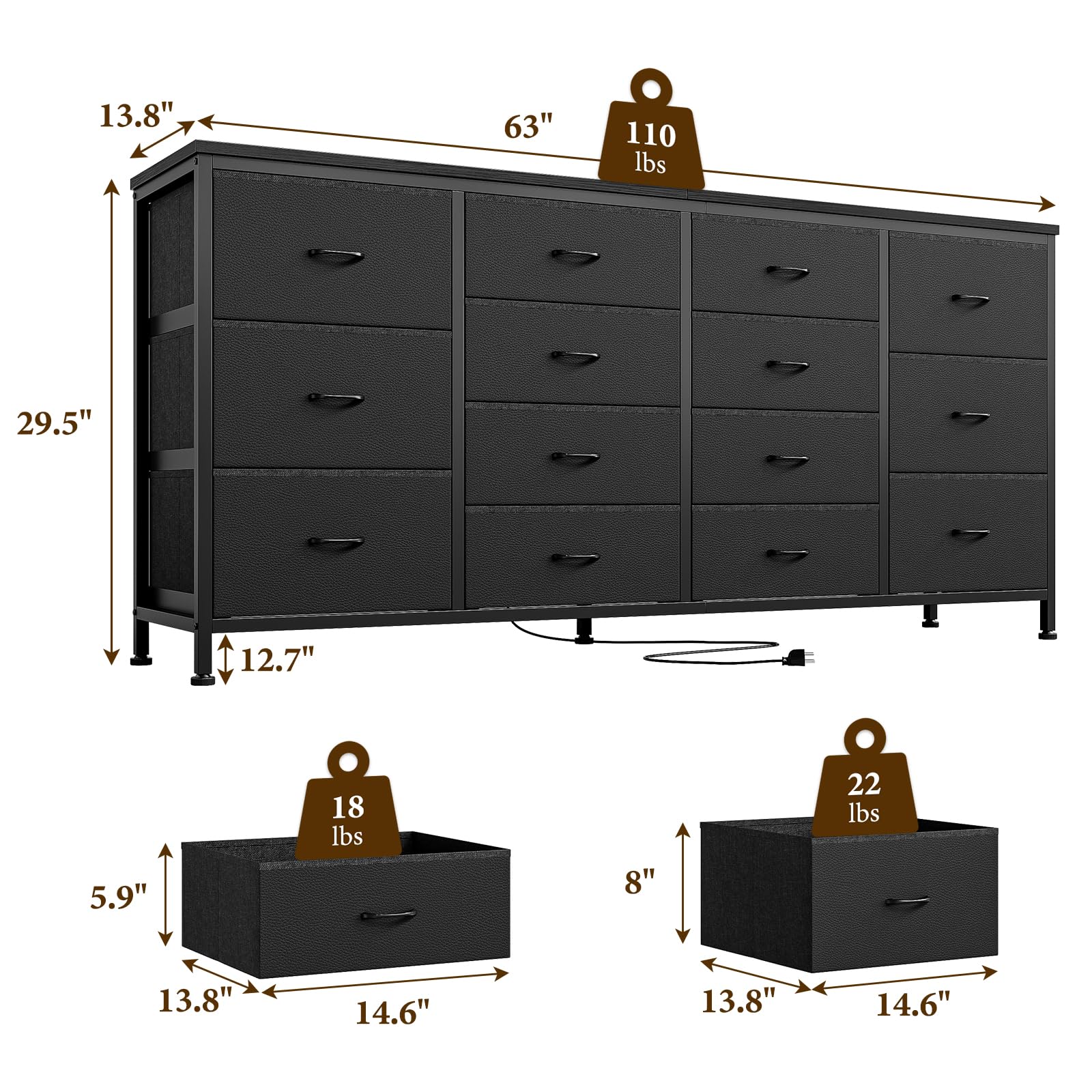 Meuble TV Garvee noir de 160 cm de large avec 14 tiroirs, prises électriques et revêtement en tissu pour salon et chambre.