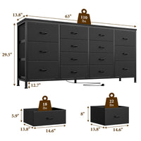 Meuble TV Garvee noir de 160 cm de large avec 14 tiroirs, prises électriques et revêtement en tissu pour salon et chambre.