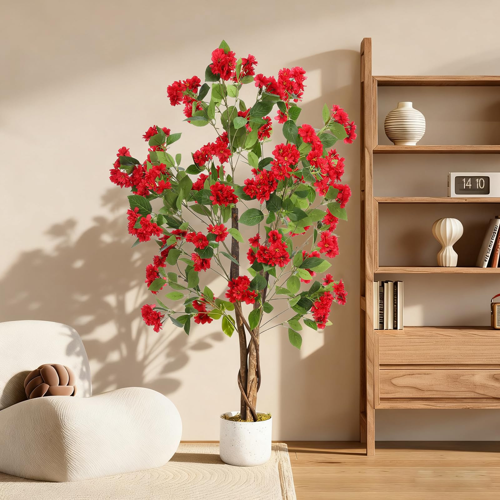 Osmanthus artificiel Garvee de 120 cm avec 48 fleurs rouges, tronc en bois naturel, feuilles en polyester, pot robuste pour la décoration intérieure et extérieure
