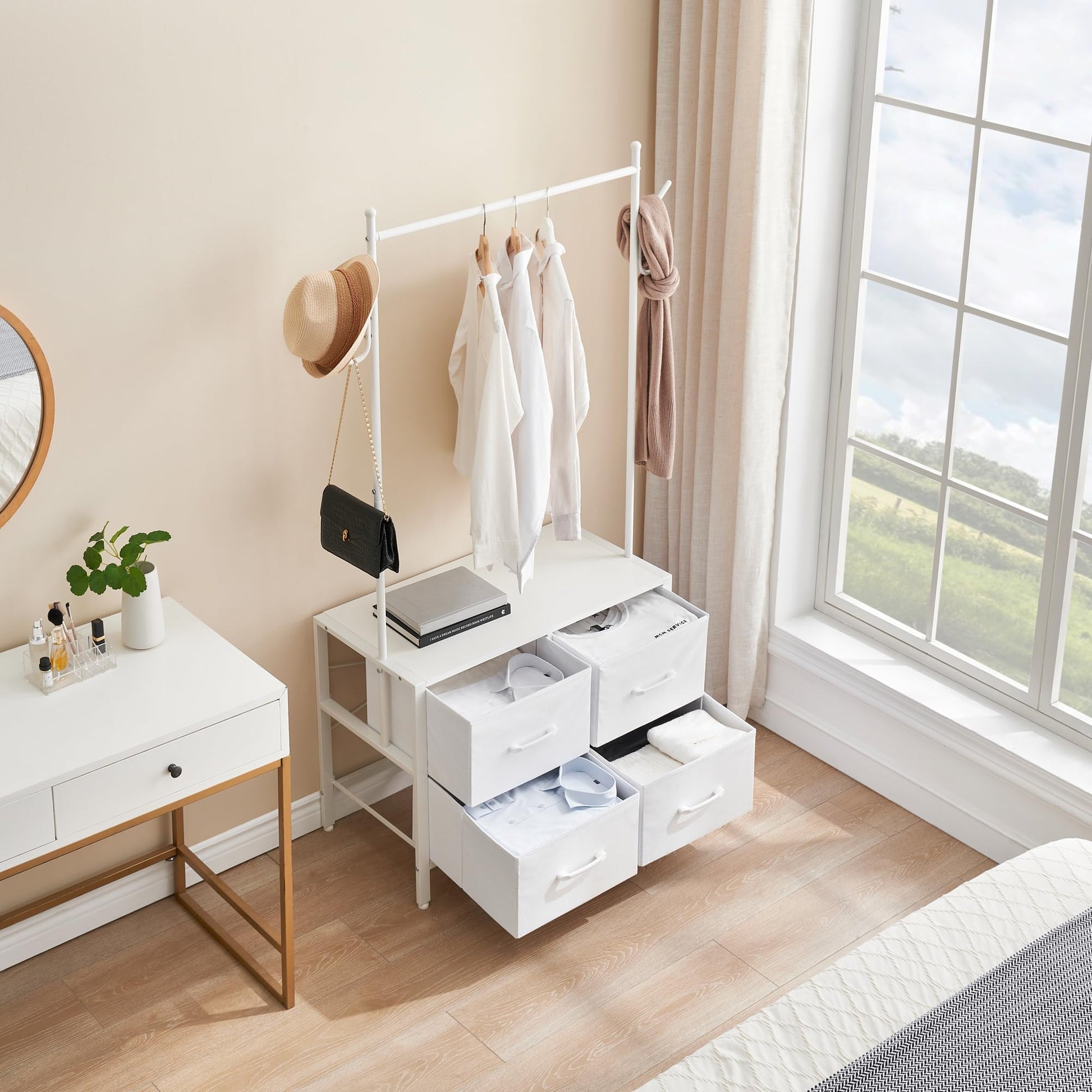 Portant à vêtements Garvee à 4 tiroirs, structure en métal et plateau en bois, pour chambre et couloir, blanc, robuste et polyvalent