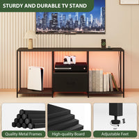Meuble TV Garvee 55 pouces avec éclairage LED, étagère ouverte, tiroir en tissu, meuble multimédia noir pour salon et chambre