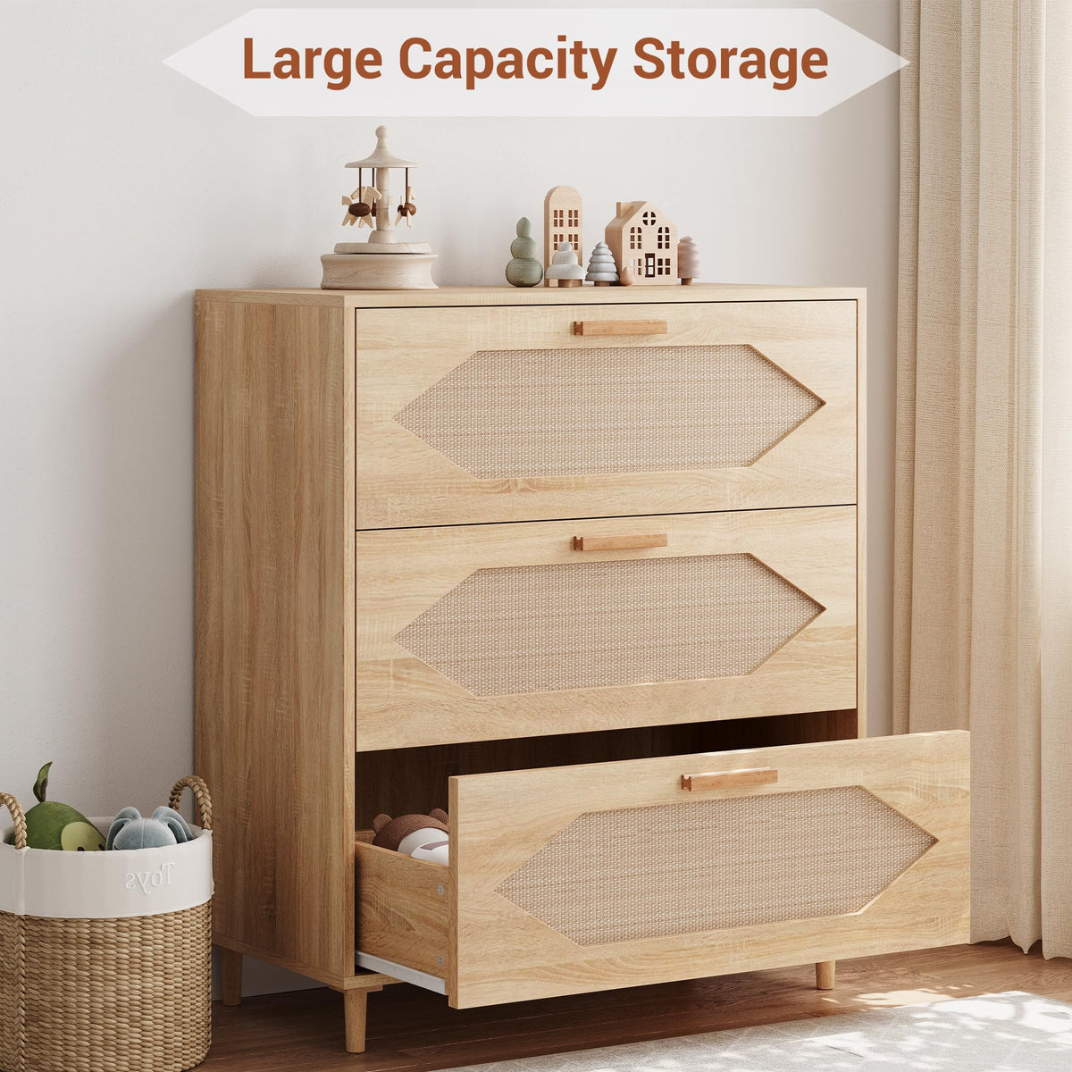Commode 3 tiroirs Garvee en rotin, idéale pour la chambre, le salon et l'entrée. Grande capacité de rangement, imperméable, en MDF. Style moderne, marron.