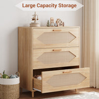 Commode 3 tiroirs Garvee en rotin, idéale pour la chambre, le salon et l'entrée. Grande capacité de rangement, imperméable, en MDF. Style moderne, marron.
