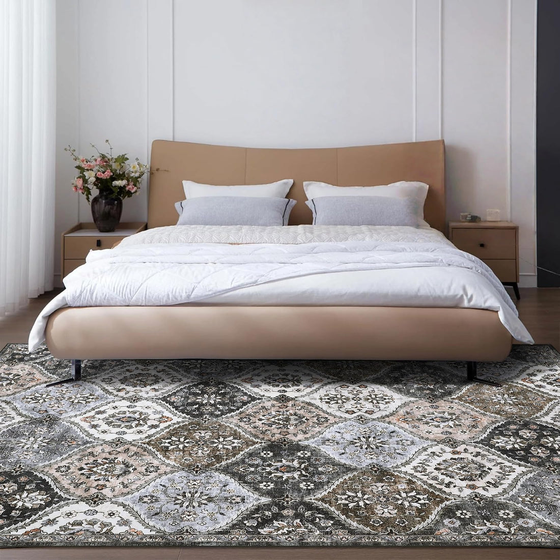 Tapis Garvee lavable vintage 120x170cm pliable à poils courts pour intérieur, salon, bureau, chambre d'enfant, gris-brun