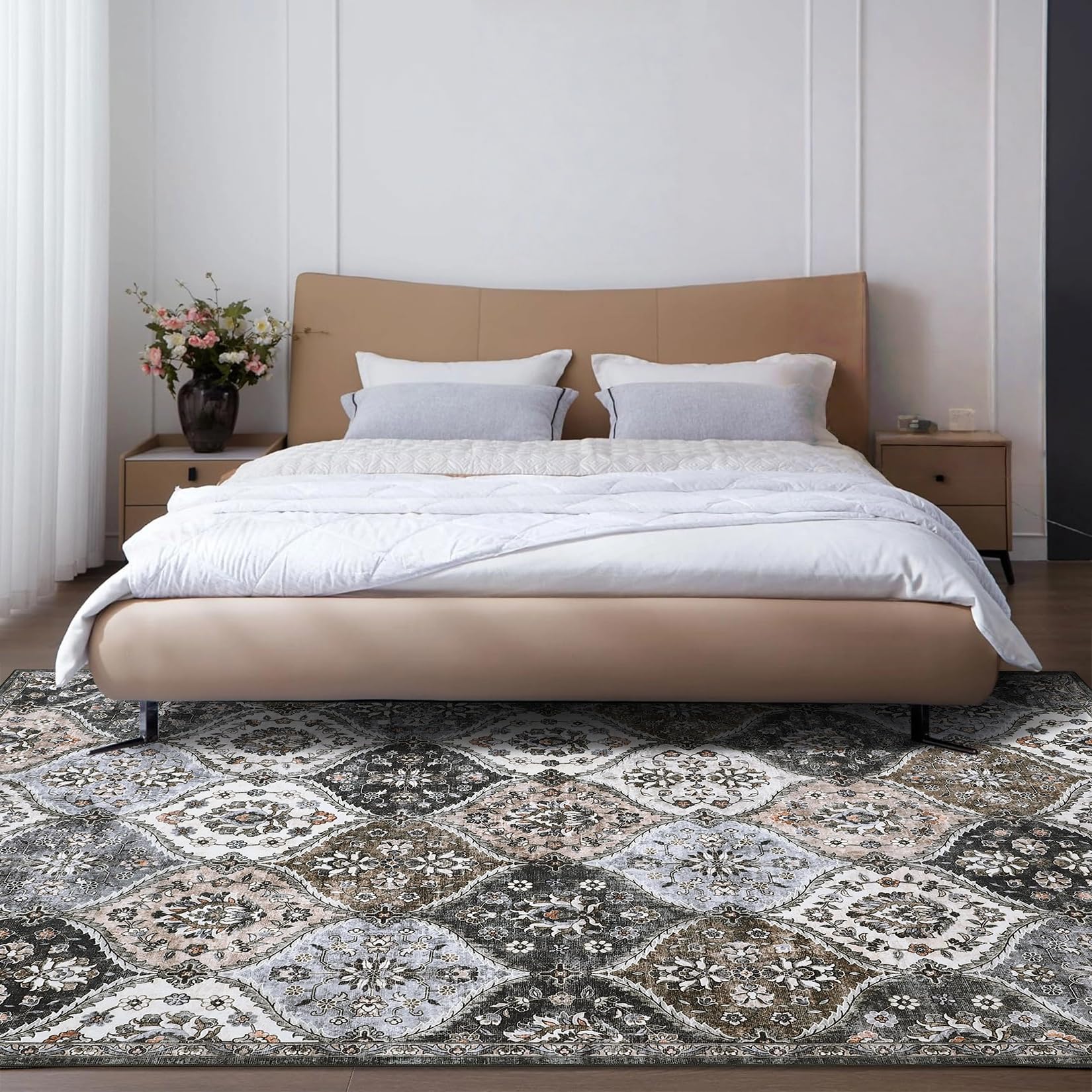 Tapis Garvee lavable vintage 120x170cm pliable à poils courts pour intérieur, salon, bureau, chambre d'enfant, gris-brun