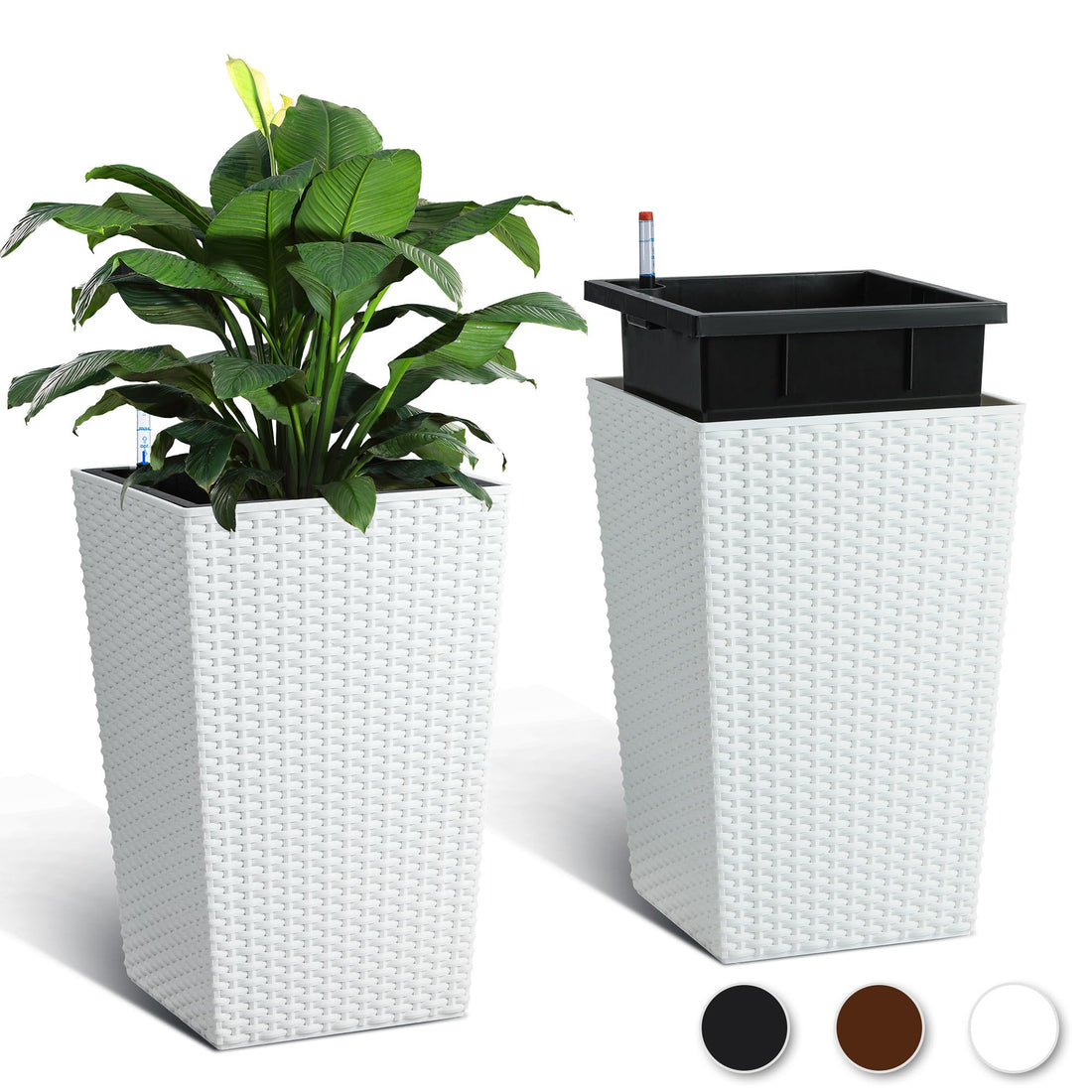 Ensemble de jardinières Garvee en rotin de 40 cm avec indicateur de niveau d'eau et roulettes pour terrasse et salon, blanc, résistant aux intempéries
