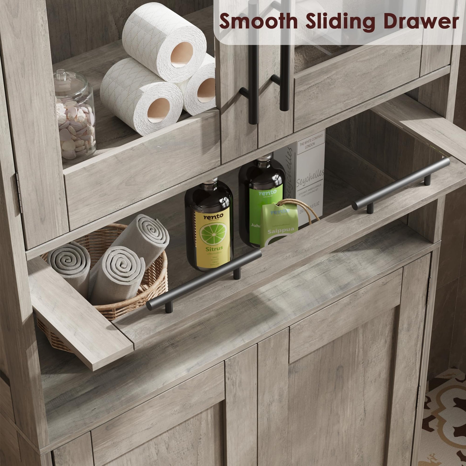 Meuble de salle de bain Garvee 170 cm, étroit et haut, avec 2 portes et 1 tiroir – Gris, étagères réglables, gain de place pour salle de bain, couloir et salon