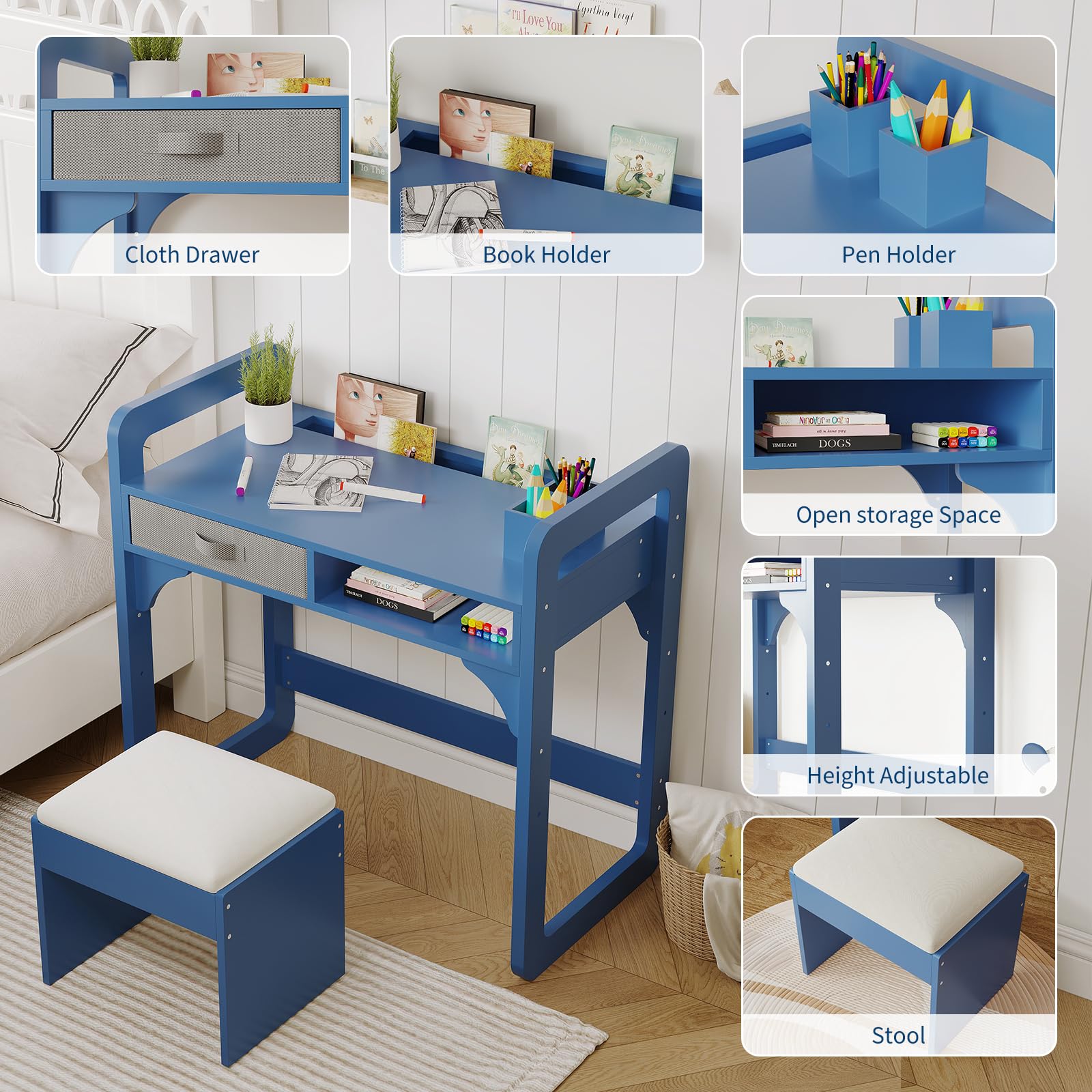 Ensemble bureau enfant Garvee avec rangement, tabouret rembourré, bois, robuste et durable, bleu, pour chambre d'enfant