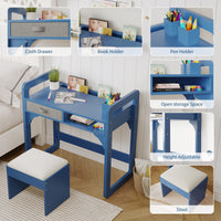 Ensemble bureau enfant Garvee avec rangement, tabouret rembourré, bois, robuste et durable, bleu, pour chambre d'enfant