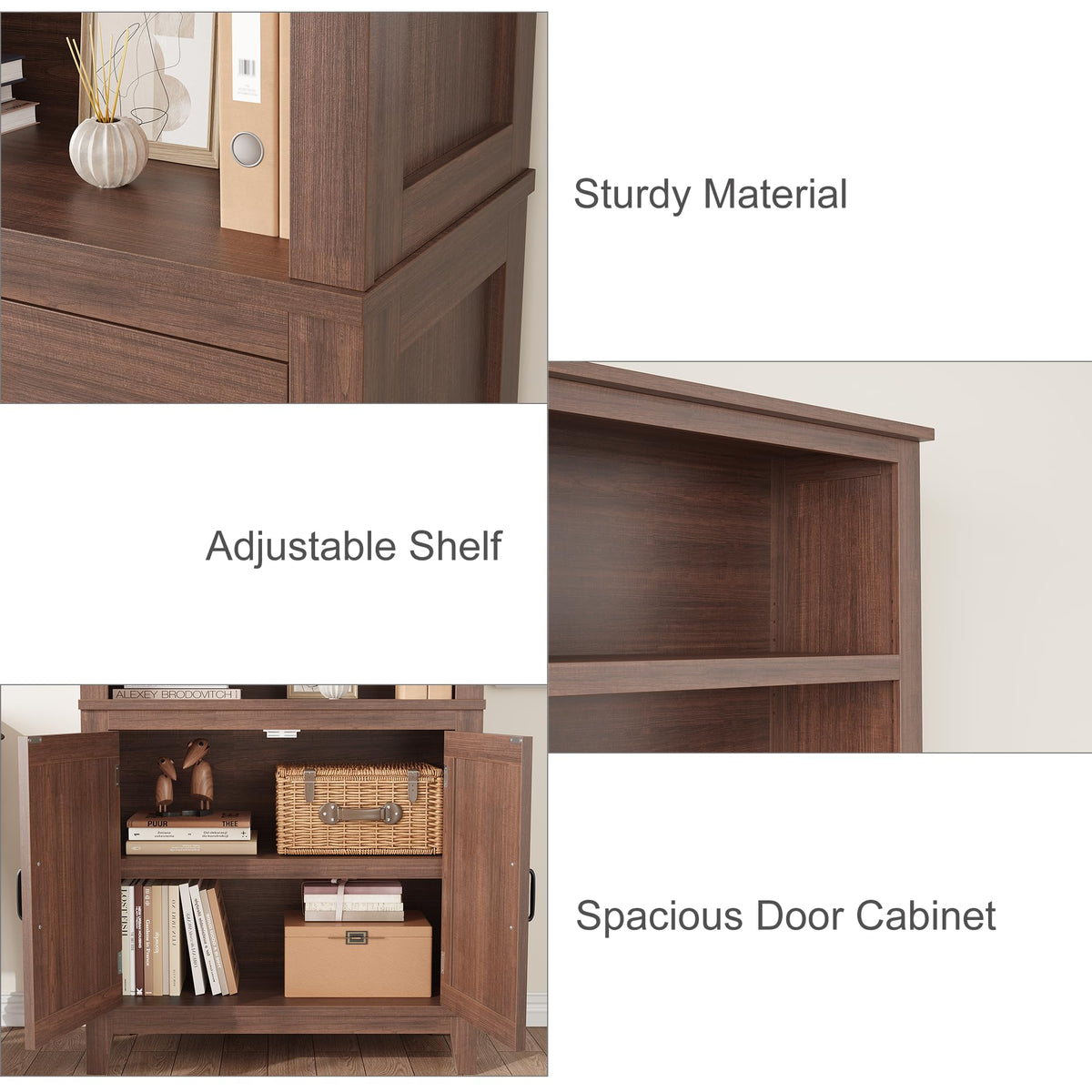 Garvee bibliothèque de style ferme 180 cm avec portes, 5 niveaux, en bois MDF robuste, aspect bois rétro, idéale pour le salon, le bureau ou la bibliothèque
