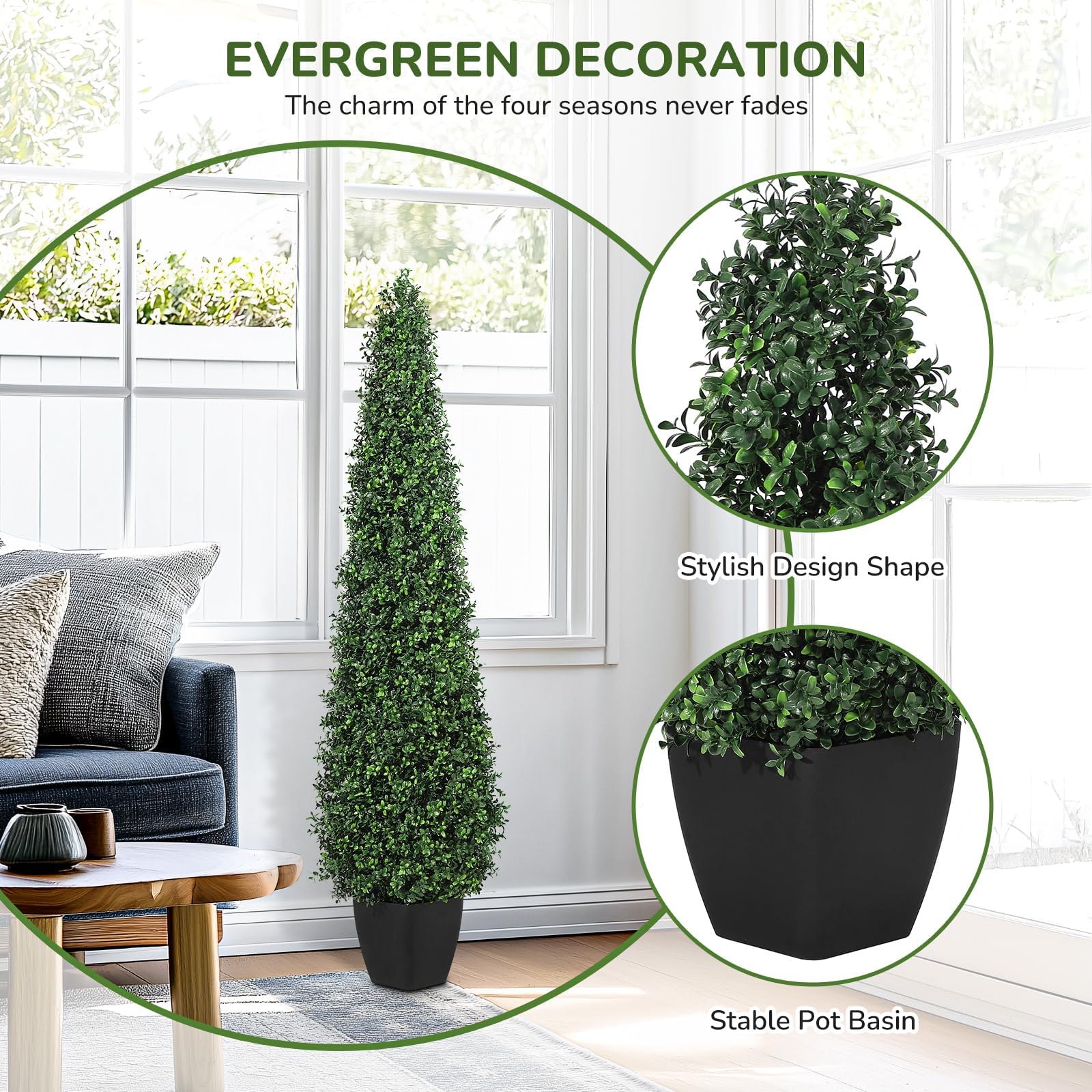 Garvee Lot de 2 topiaires artificielles pyramidales de 122 cm, résistantes aux UV, décoration verte pour terrasse et jardin
