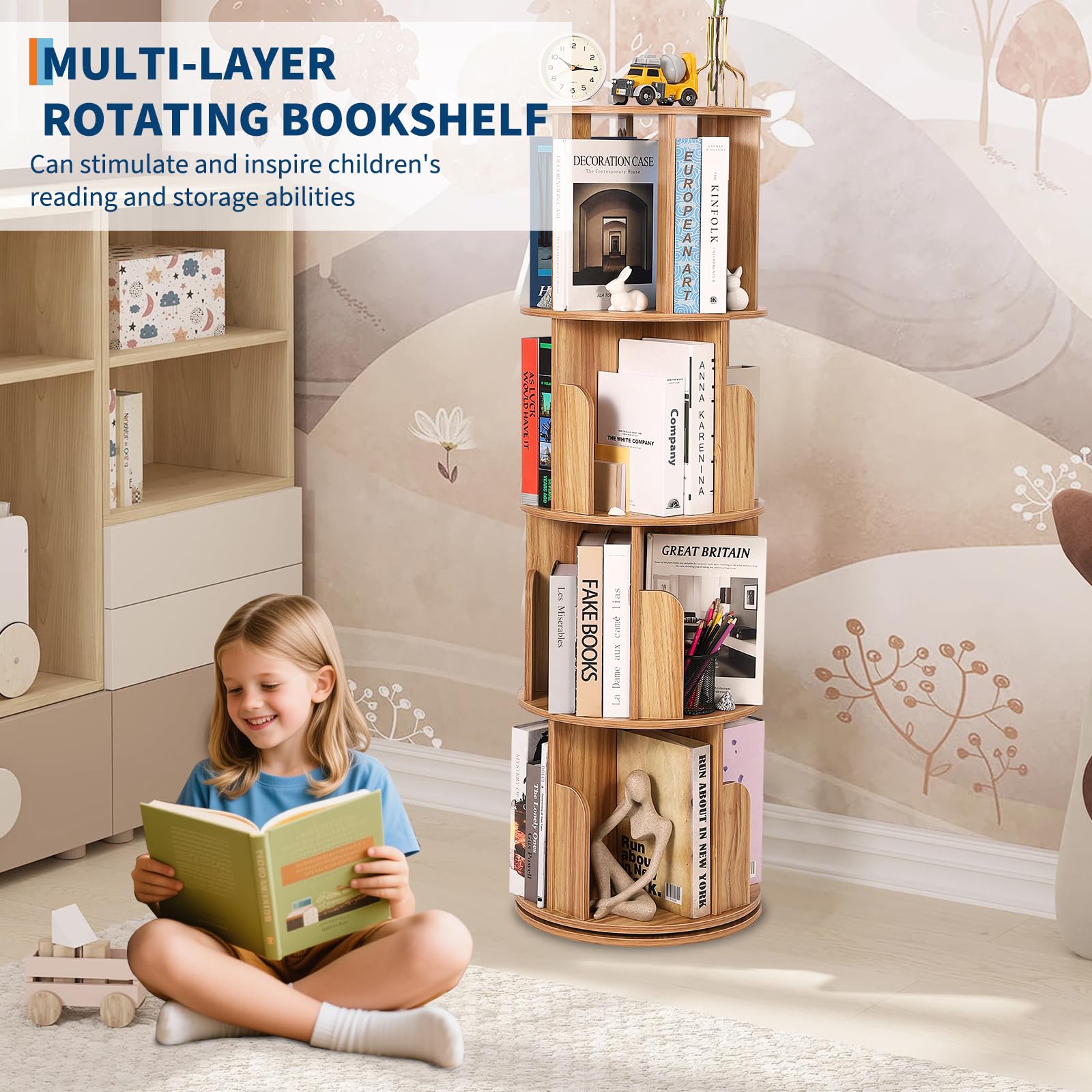 Étagère pivotante en bois Garvee, 4 niveaux, rotation à 360°, multifonctionnelle, idéale pour le salon ou la chambre d'enfant, gain de place.