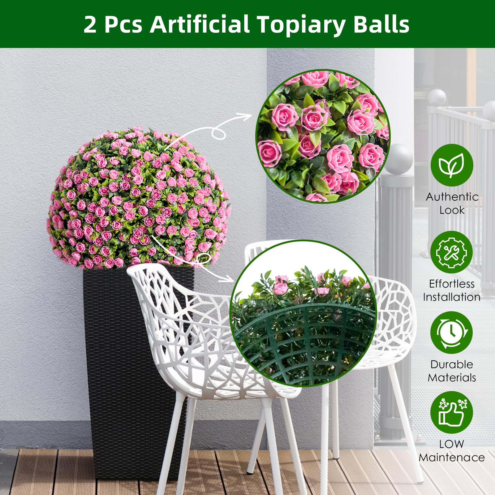 Garvee Lot de 2 Boules de Buis Artificielles 45 cm avec Fleurs, PE Résistant aux UV, pour Balcon et Mariage, Vert Rouge Rose