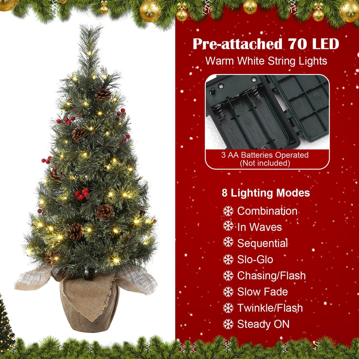 Garvee sapin de Noël artificiel 95 cm avec 70 LED et base en jute, rouge, pour petits espaces