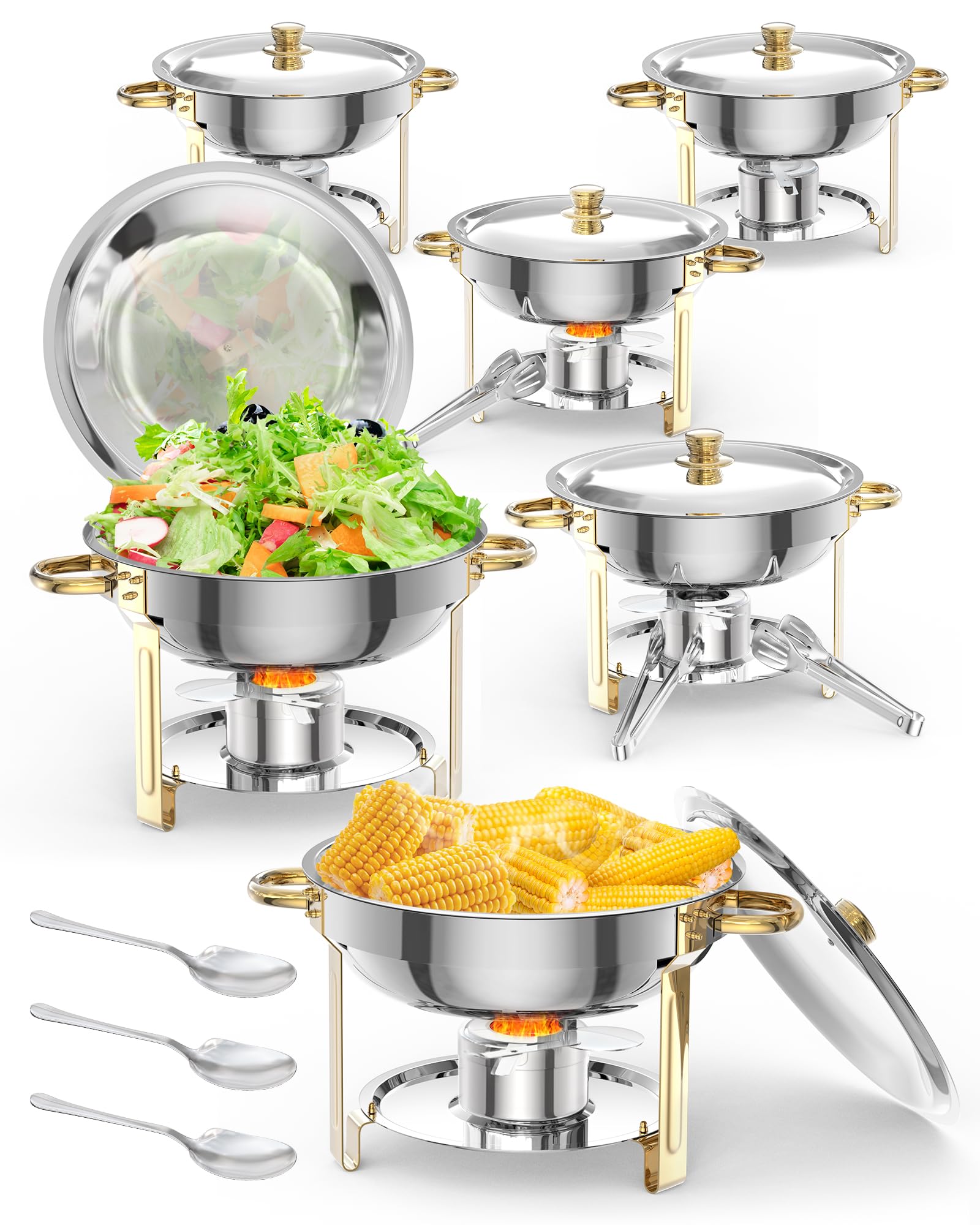 Garvee, ensemble de 6 plateaux chauffants de buffet de 5 L en acier inoxydable avec supports de couvercle, idéal pour les fêtes, mariages et autres événements, couleur or.